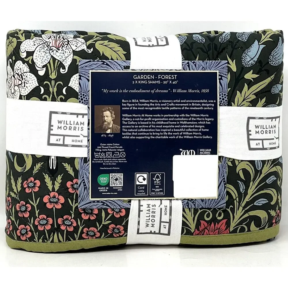WILLIAM MORRIS GARDEN Forest KING Quilted Pillow Shams Set Pair Of 2